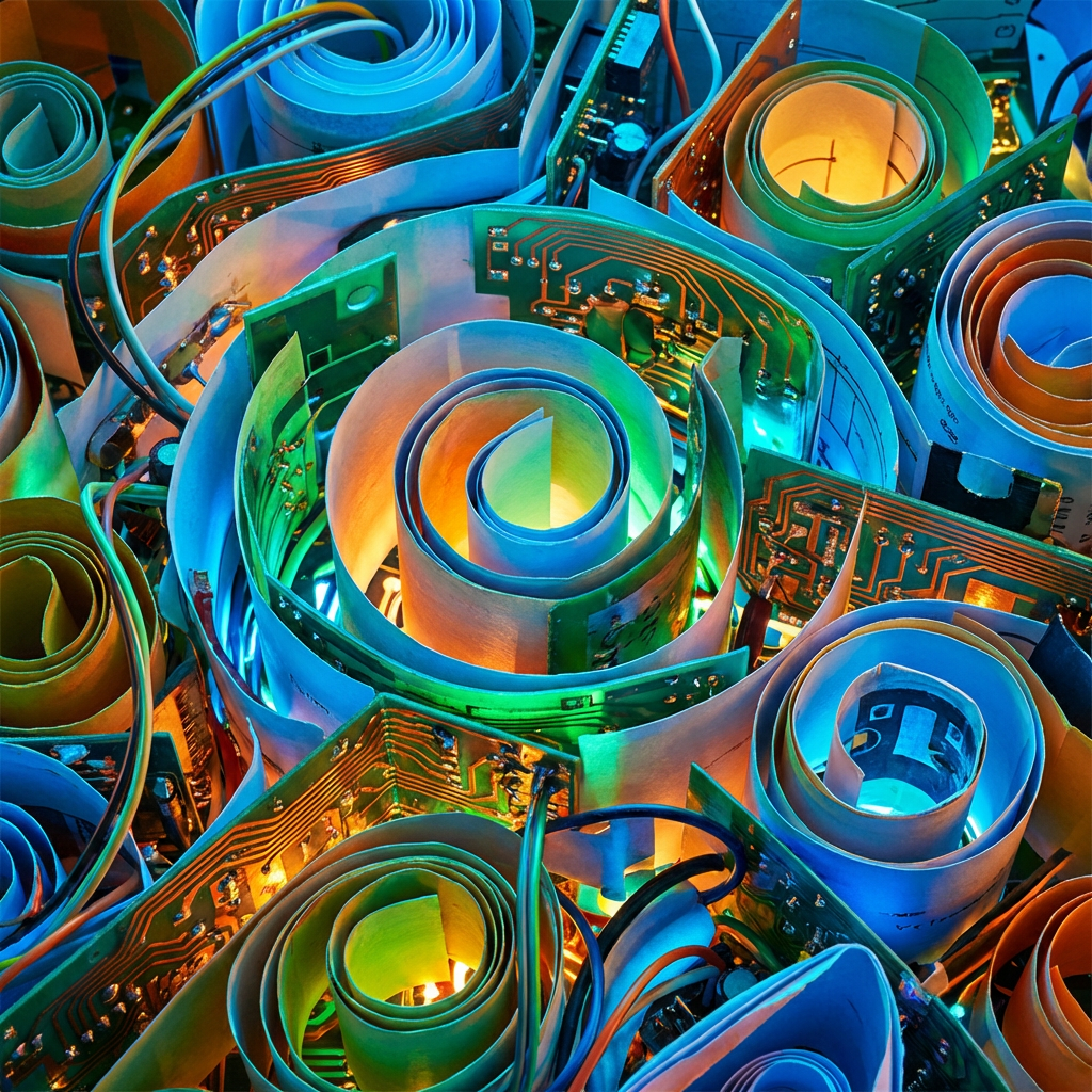 Colorful, glowing spirals made from rolled-up electronic circuit boards and paper.