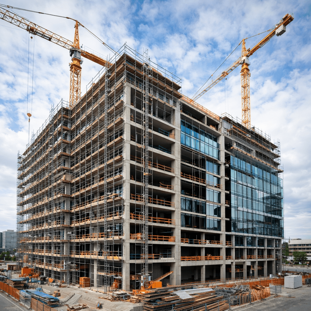 Multi-story office building under construction with cranes and scaffolding