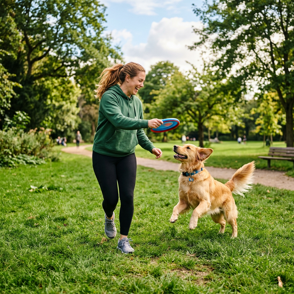 Woman in green hoodie playing frisbee with golden retriever in park