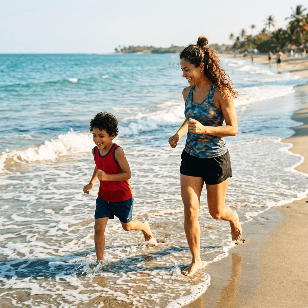 Woman and child running barefoot on wet sand near ocean waves