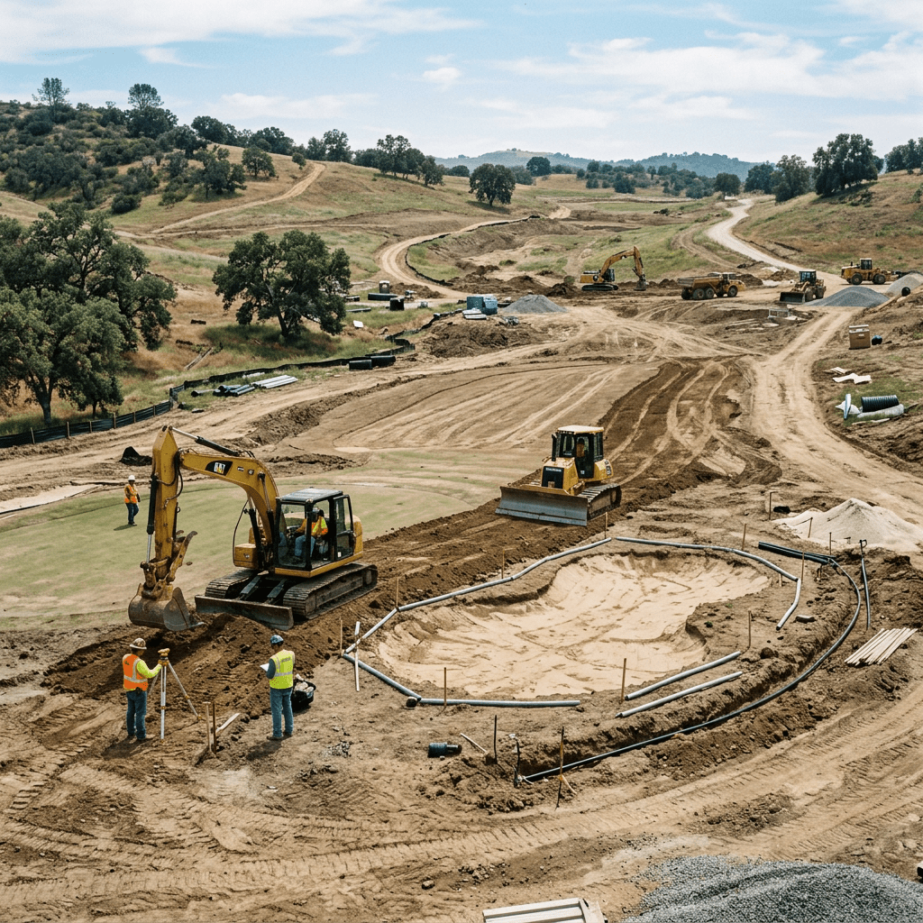 Construction site with machinery and workers shaping a golf course landscape