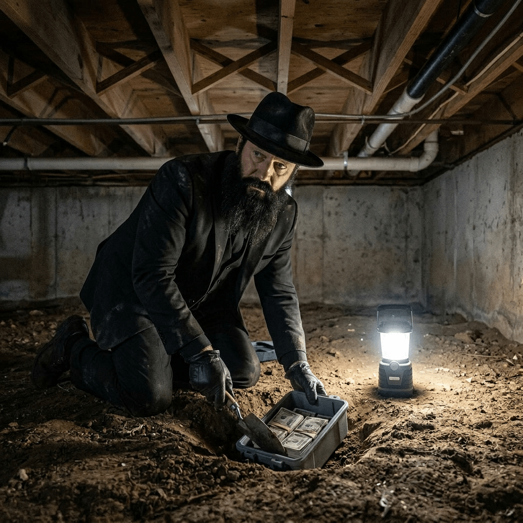 Man kneeling in basement digging up box containing stacks of money