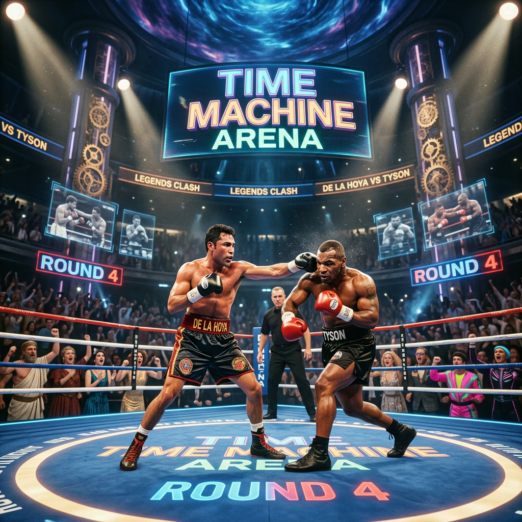 Boxers De La Hoya and Tyson fighting in the Time Machine Arena during Round 4, surrounded by a cheering crowd and digital displays.
