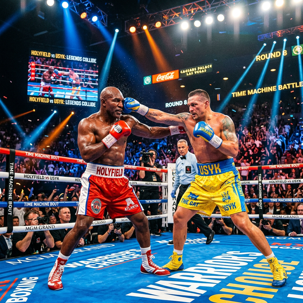 Boxers Tyson and Usyk sparring intensely in a vibrant boxing ring during match