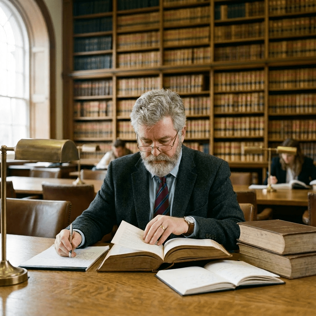 Older man with glasses reading and writing notes in a library with rows of books