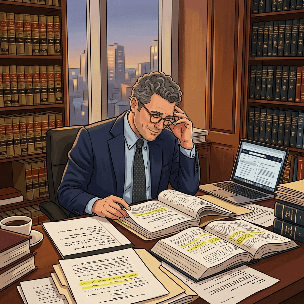 Lawyer reading and highlighting legal documents in office