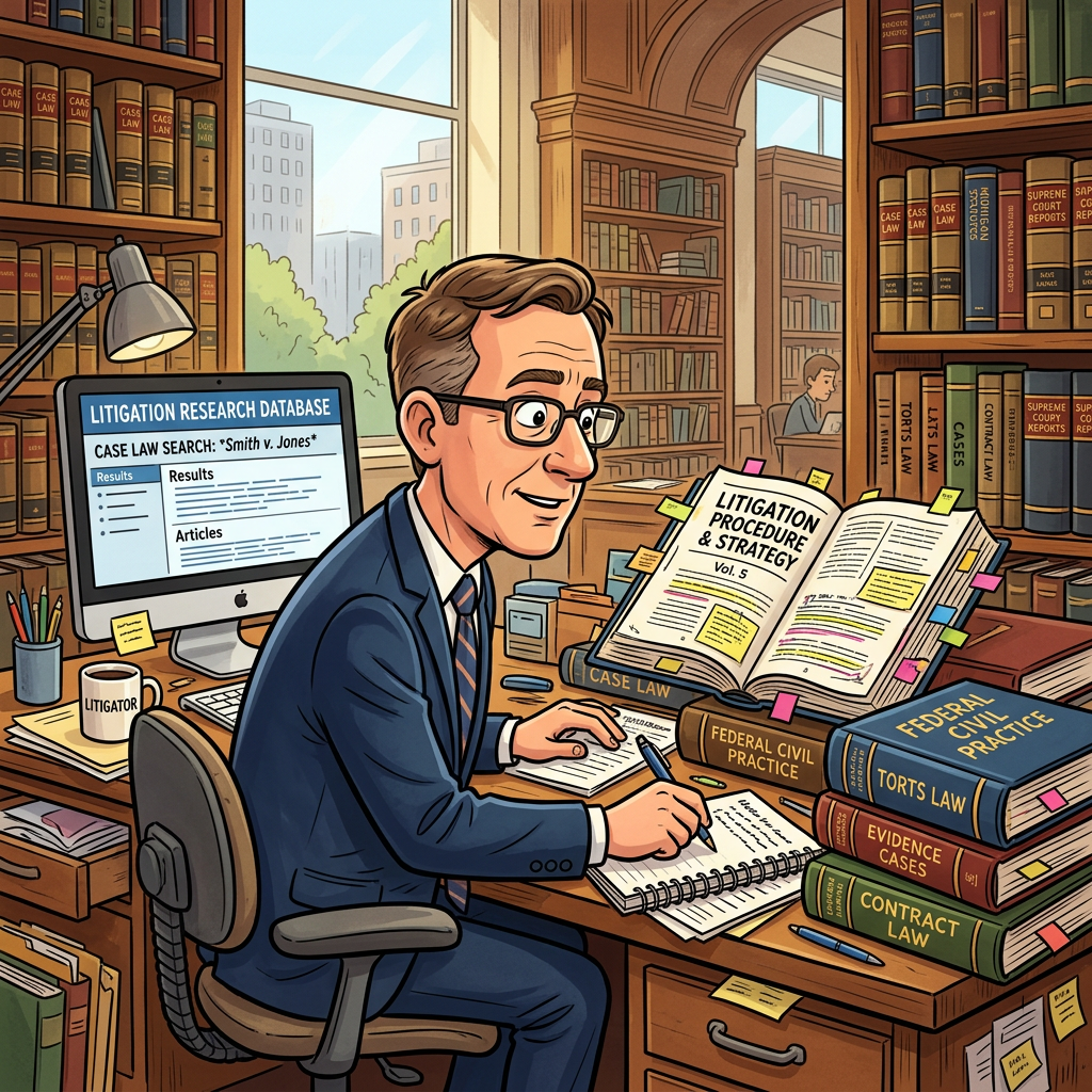 Lawyer in suit researching litigation procedures with books and computer