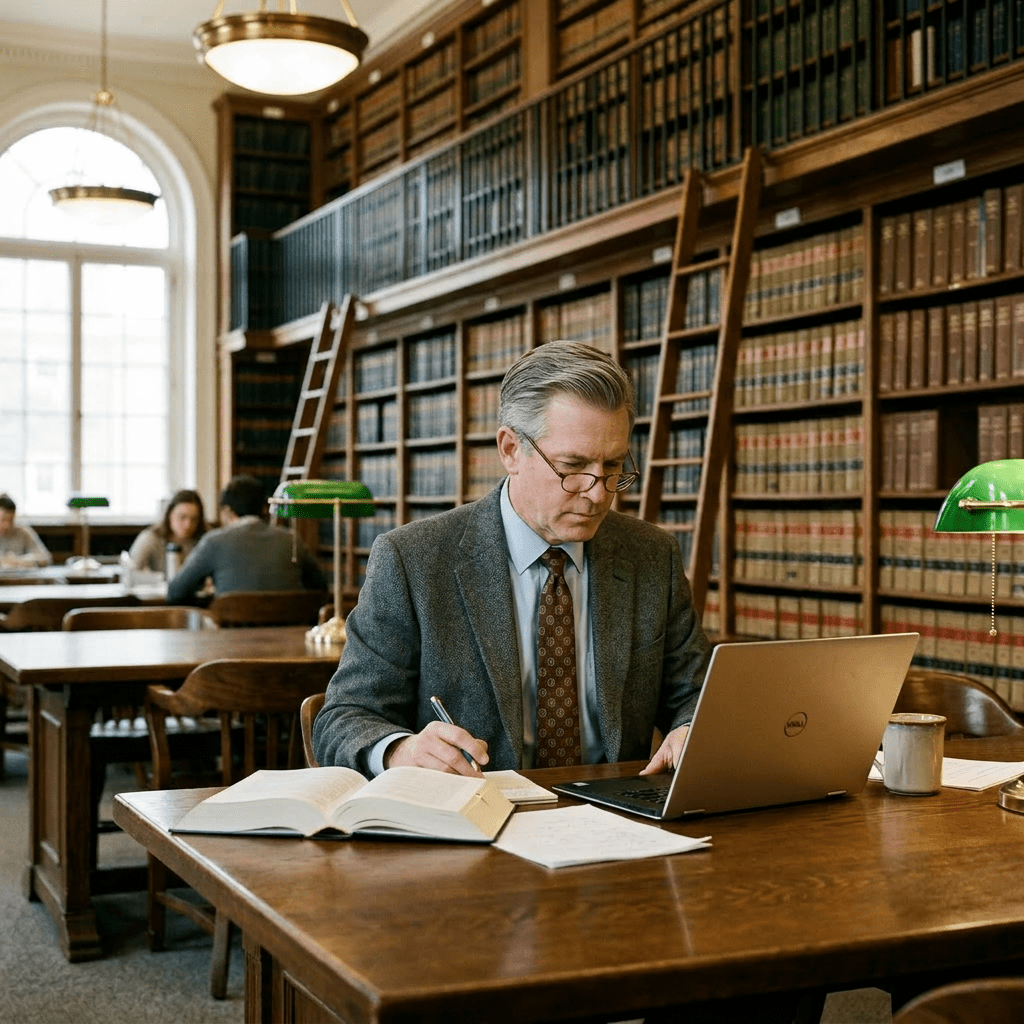 Lawyer researching legal books and using laptop in a law library
