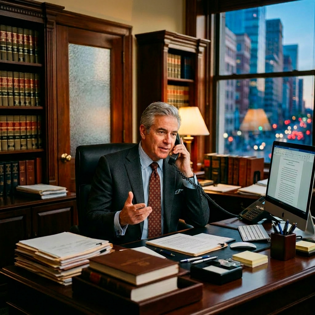 Older male lawyer speaking on phone at desk in law office with legal books