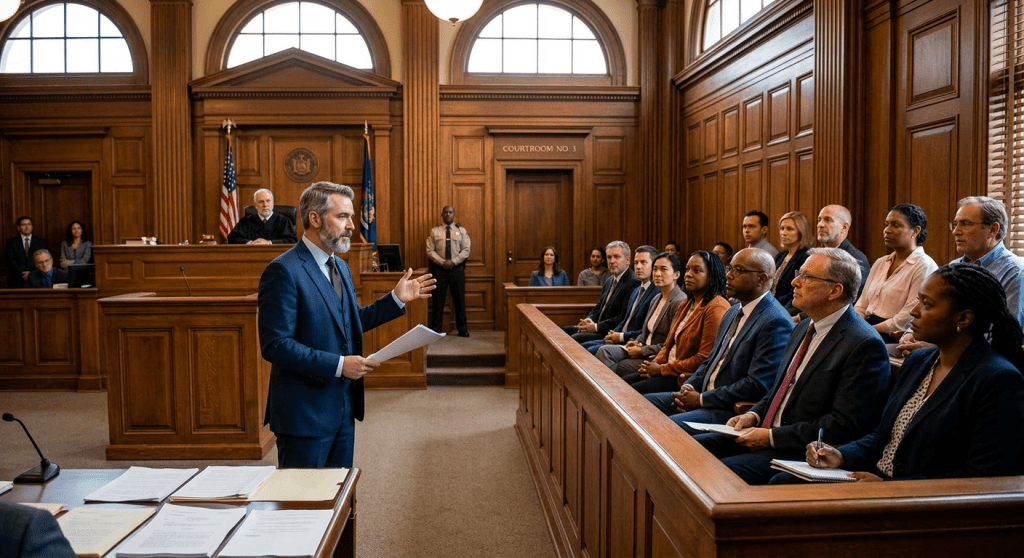 A lawyer speaking to a seated jury in a courtroom