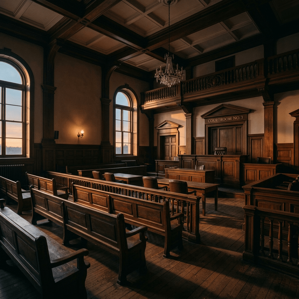 Empty courtroom with wooden benches, judge's bench, and large windows at sunset