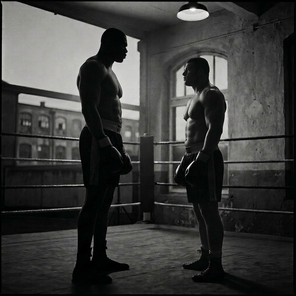 Two male boxers standing in a boxing ring facing each other, one noticeably taller than the other, in a dim, worn gym.