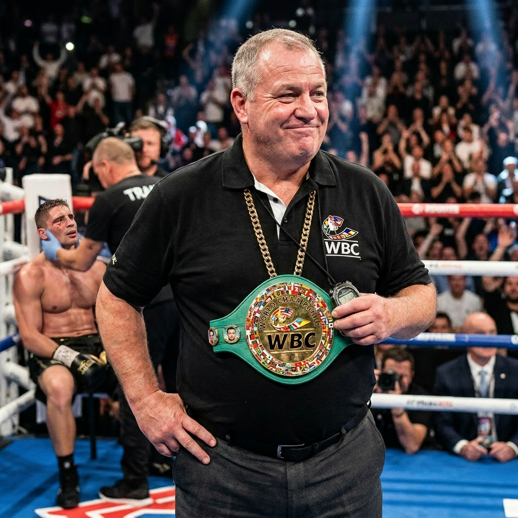 WBC official wearing championship belt stands in boxing ring