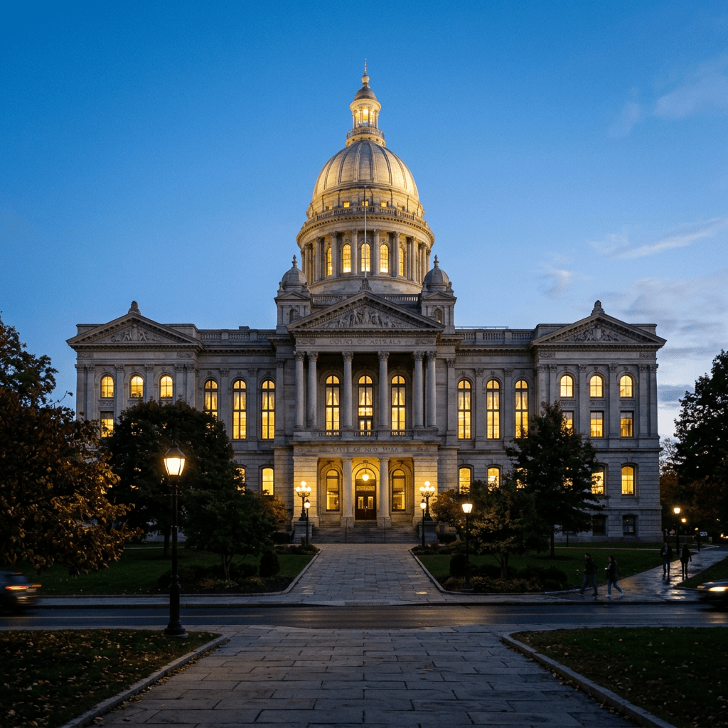 Historic Court of Appeals building with lit windows during evening