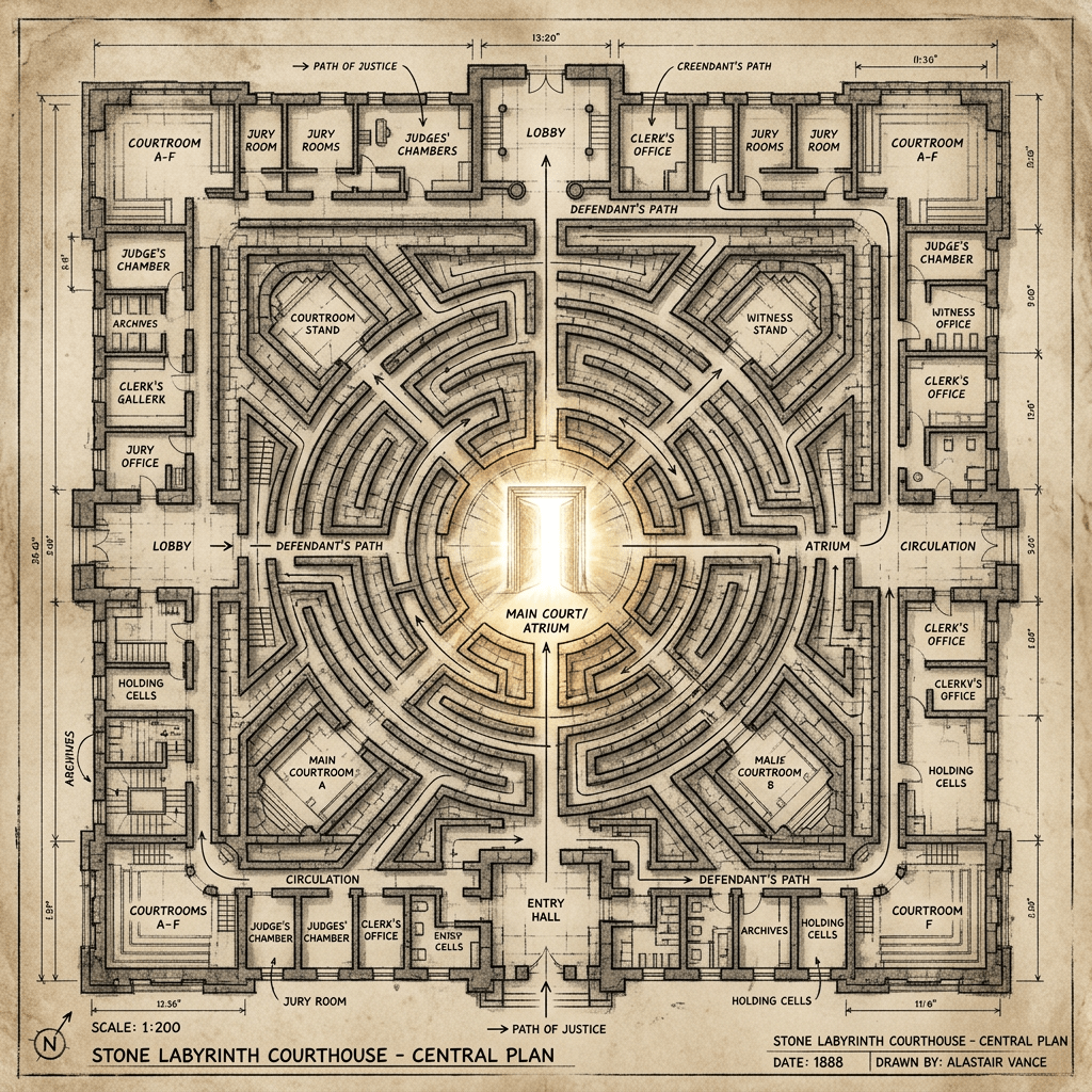 Architectural floor plan of Stone Labyrinth Courthouse with labeled courtrooms, chambers, offices, and labyrinth paths
