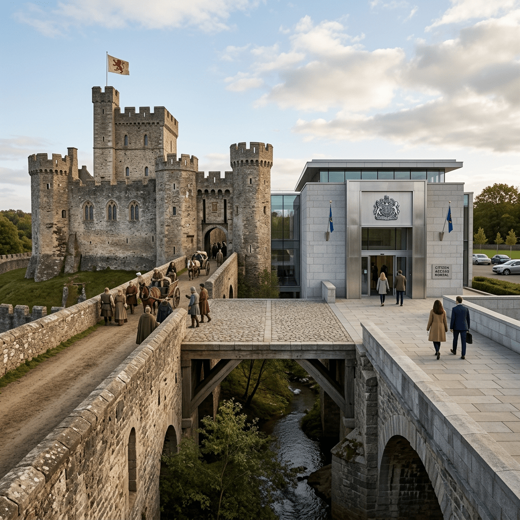 Medieval castle and modern government building connected by bridges with people walking
