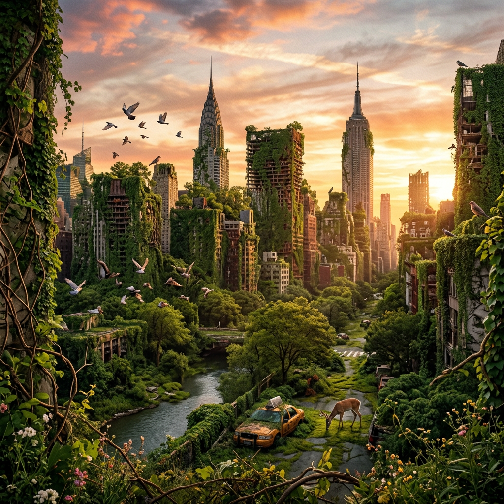 Abandoned New York City with ivy-covered skyscrapers, wildlife, and a deer near a moss-covered taxi