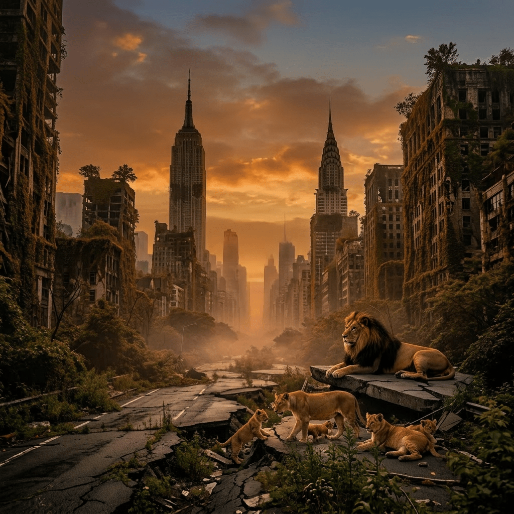 Derelict cracked city street overgrown with vegetation and surrounded by ruined buildings