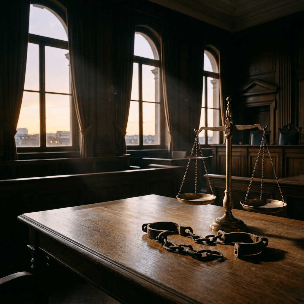 Scales of justice and rusty shackles on wooden table in courtroom