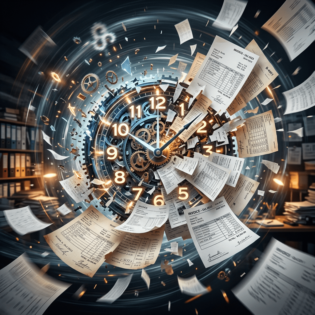 Clock with glowing numbers and gears surrounded by flying invoices and papers