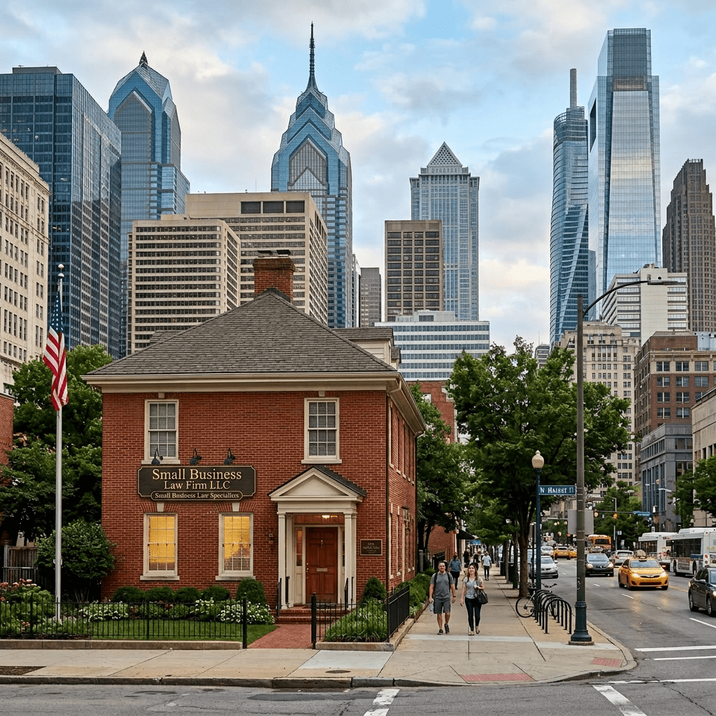 Brick law firm building with American flag in front and modern city skyline behind