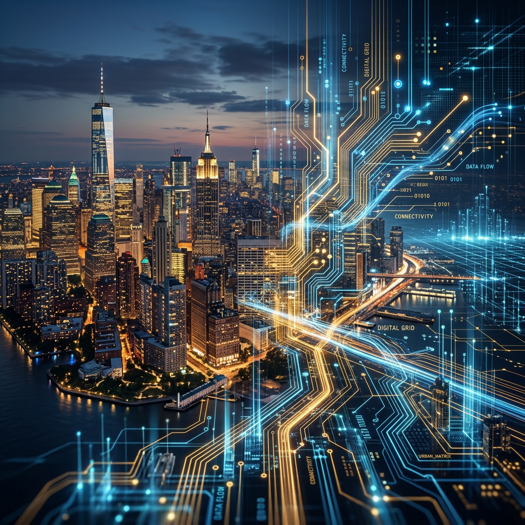 City skyline at dusk overlaid with glowing blue and orange digital network circuits representing connectivity and data flow