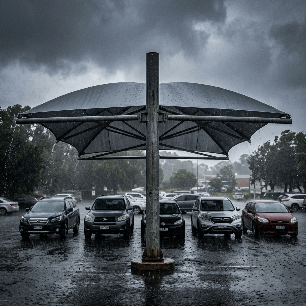 Covered shade structure over parked cars in a rainy parking lot