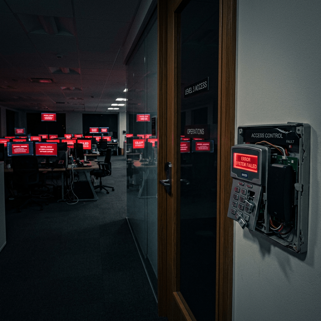 Operations center with computers displaying red error messages and an access control keypad showing system failure