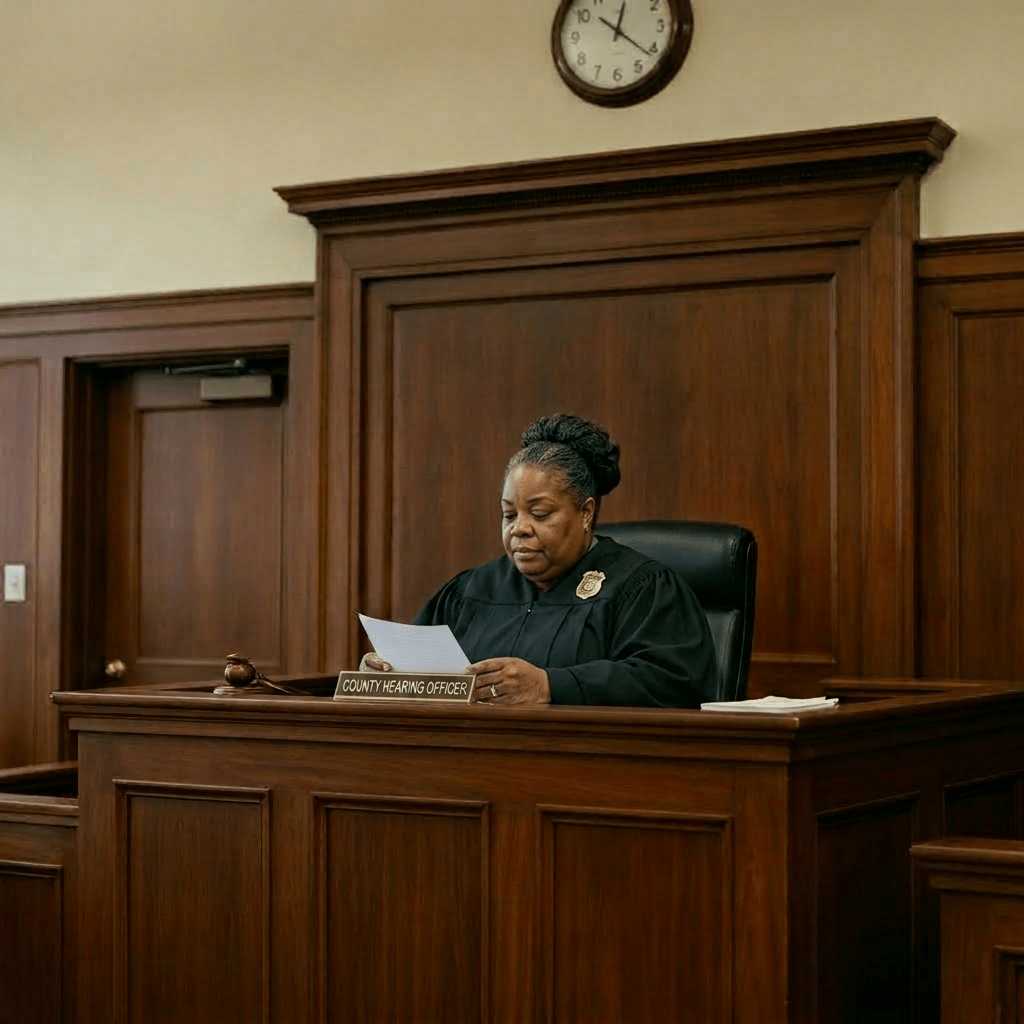 Police officer in judge robe holding gavel at courtroom bench