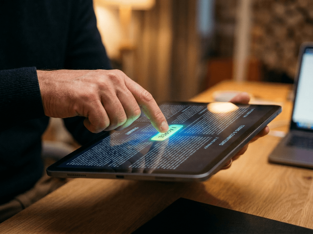 Hand pressing 'I AGREE' button on tablet screen