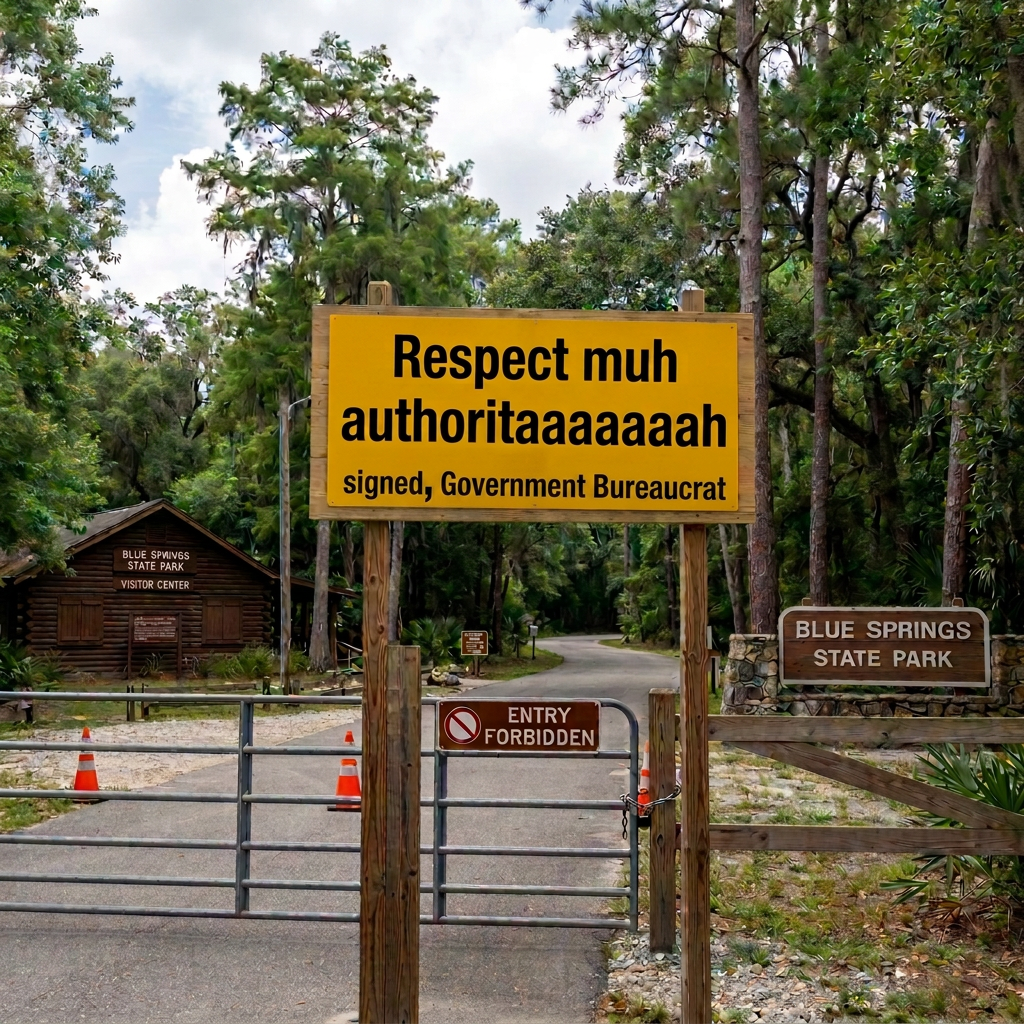 Shutdown warning sign for Blue Springs State Park stating closure due to water quality concerns and entry forbidden