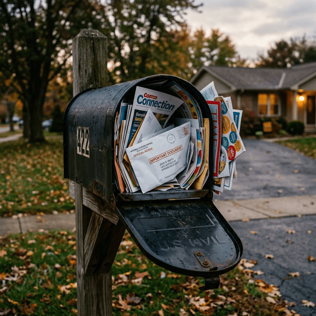 Overflowing mailbox marked 1422 with Costco Connection, USPS, and important document visible