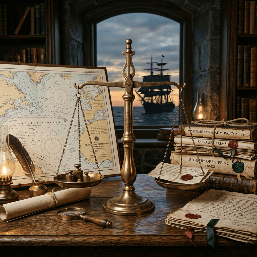 Brass balance scale beside Atlantic map, ship, and maritime law books