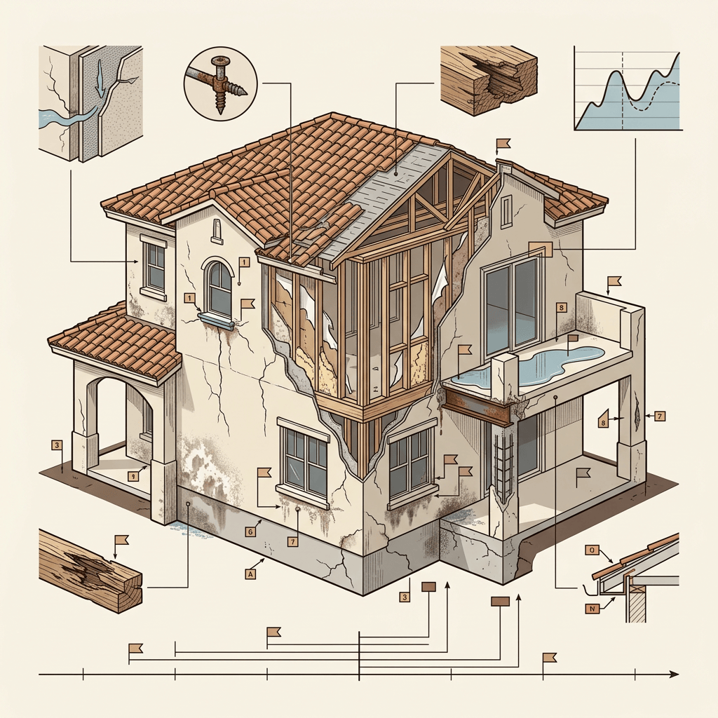 Annotated cutaway house showing structural damage, decay, cracks, and repair details