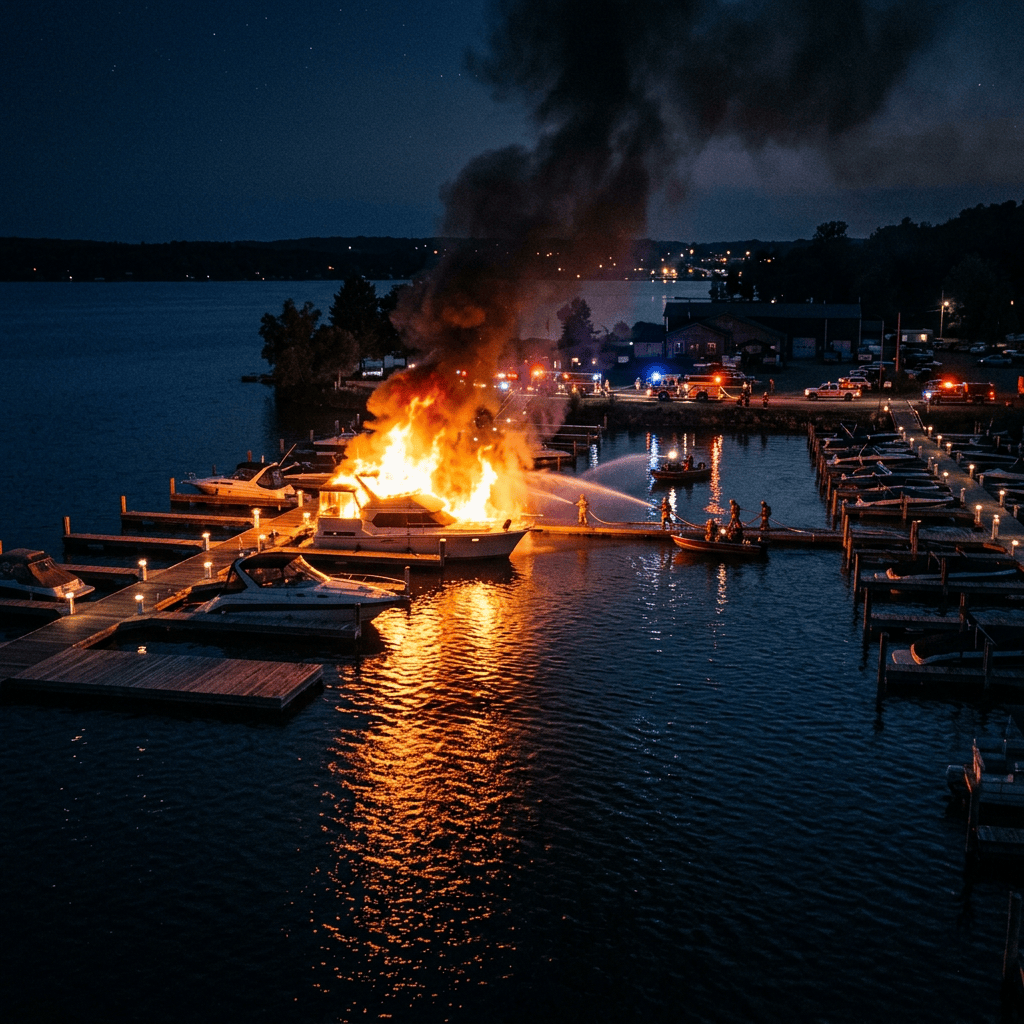 Boat fire burning at a marina while firefighters spray water at night