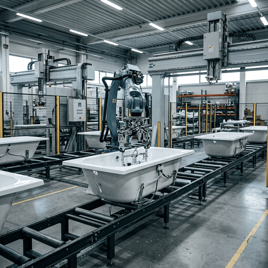 Robotic arm assembling a bathtub on a factory conveyor line