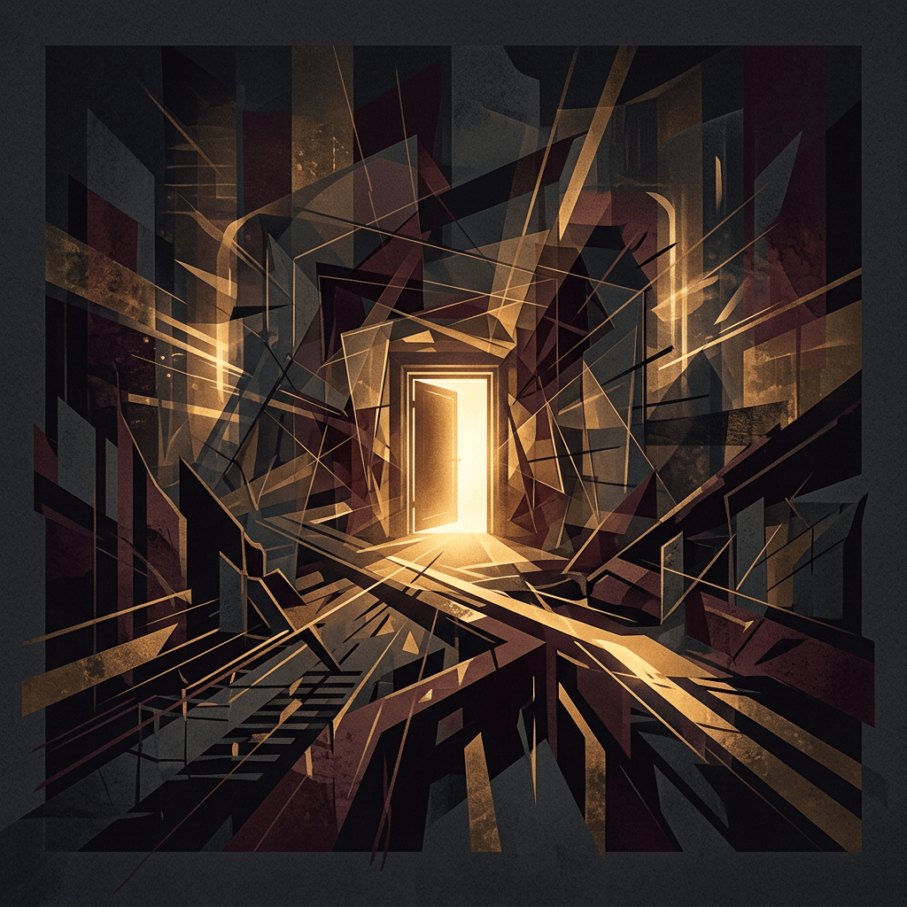 Glowing open doorway surrounded by fractured dark geometric shapes
