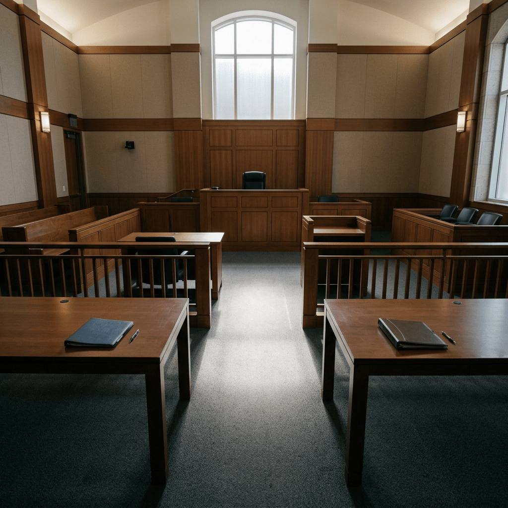 Empty courtroom with judge’s bench, counsel tables, jury box, and gallery seating
