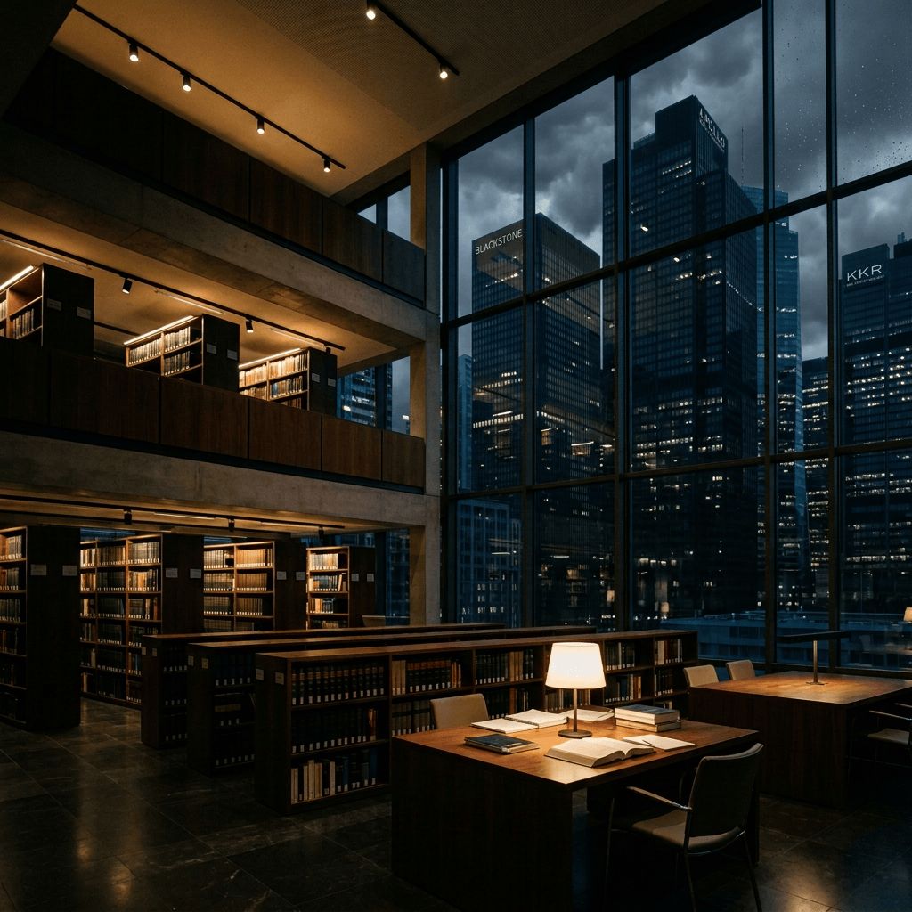Modern law library with bookshelves, study tables, and illuminated skyscrapers outside